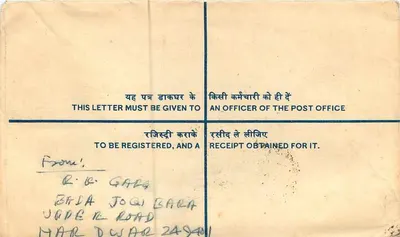 Carta registrada — Índia — destinada ao Registrar (Acad) em New Delhi — editor: Poste indienne — Verso
