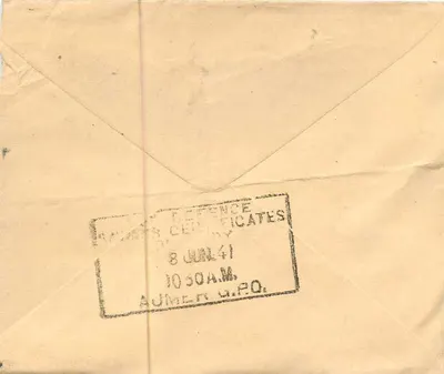 Lodha House, Ajmer — Listonoszowa koperta z pieczętiami i znakami przekreślenia — wydawca nieodczytalny — Rewers