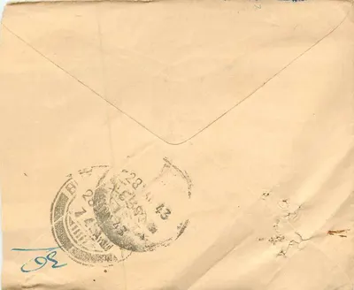 Indyjska kartka pocztowa — znak pocztowy 3 pence George V — pieczątka 'Anna Three Pies' — adresat pismem devanagari — pieczątka pocztowa z Bombaju 28.4.43 — Rewers