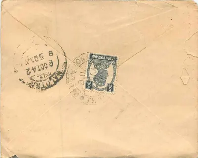 Indyjska kartka pocztowa — tekst w pismie devanagari i arabskim — znak 3 pence i pieczątka z Delhi — Rewers