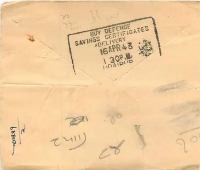 Indyjska karta pocztowa — list do Rambhala Rangyalty w Mewar — znaki pocztowe i obliteracje z 1943 — Rewers