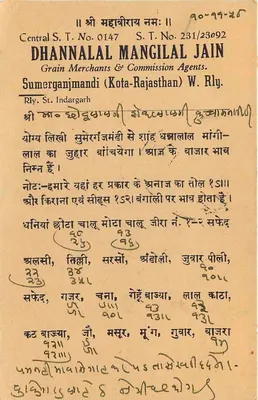Dhannalal Mangilal Jain — Central S.T. Nr 0147 — Sumerganjmandi (Kota-Rajasthan) — nieznany wydawca — Rewers