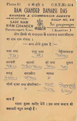 Ram Chander Banarsi Das — Bankers & Commission Agents — Sri Ganganagar (Rajasthan) — printed publisher — Back