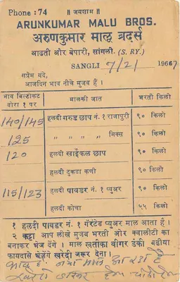 Sangli — karta pocztowa wydana przez Arunkumar Malu Bros. — seria 7/21 1966 — Rewers
