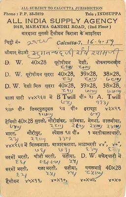 Karta pocztowa indyjska — All India Supply Agency, Kalkuta — przeznaczona dla pani Radhe Shyam w Morena (M.P.) — Rewers