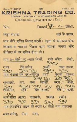 Komercyjna karta pocztowa — Krishnā Trading Co. — Dhanmandi, Udaipur (Raj.) — datowana 1963 — Rewers