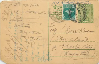 Carta postal indiana — texto em escrita devanagari — destinatário em Merota, Rajasthan