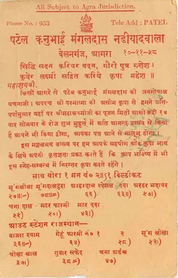 Komercyjna karta pocztowa — Agencja Patel, Kuchaman (Rajasthan) — wydawca Patel — Rewers