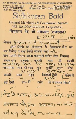 Sri Ganganagar — Sidhkaran Baid — editor de cartas postais comerciais — Verso