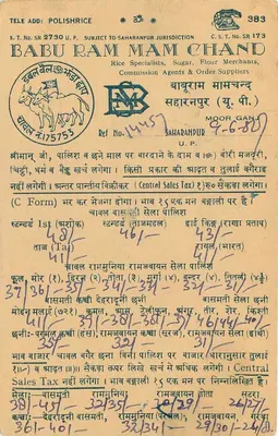 Cartolina commerciale — Babu Ram Mam Chand — Saharanpur, India — Verso