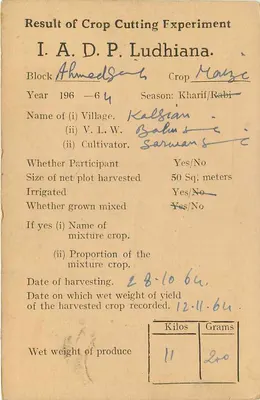 Result of crop harvest experiment — Ludhiana — India Service — Back