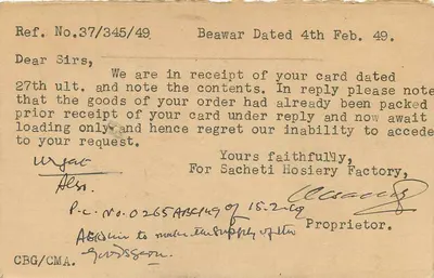 Carta postal da Sacheti Hosiery Factory em Jodhpur — editor Sacheti Hosiery Factory, Beawar — Verso