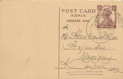 Carta postal de resposta — Índia — selo de 2½ annas — destinada a Mr. Harmand Rai em Nagapura