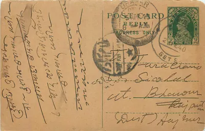 Carta postal da Índia — texto em escrita local — selo de 9 pence e carimbo 'DEPOT R. 8 SAPPHIRE' (1940)
