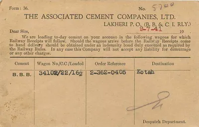 Lakheri — Commercial Postcard with Shipping Text — The Associated Cement Companies, Ltd. — Back
