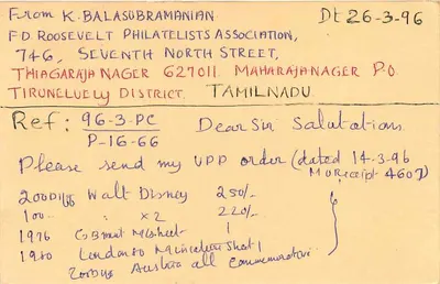 Antieke ansichtkaart — verzoek naar zegels — K. Balasubramanian, Tamil Nadu — uitgever STAMP SYNDICATE, Calcutta — Achterkant