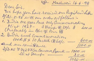 Carta postal de coletor filatélico — T.N.K. Ramānujam, Madurai — destinada a Jaipur, Índia — 16-6-98 — Verso