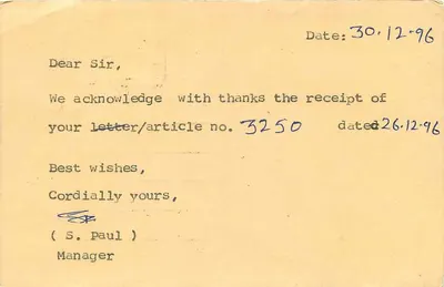 Jaipur — Acknowledgement of Receipt — M/S Mittal Stamp Co. — Verso