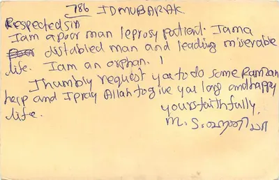 Paciente da lepra — Pulipakkam, Índia — carta postal — Verso