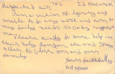 Paciente de lepra em Pulipakkam — carta postal enviada da Índia — Verso
