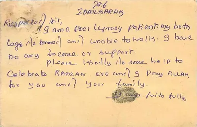 Paciente de lepra em Paranur — carta postal enviada da Índia — Verso