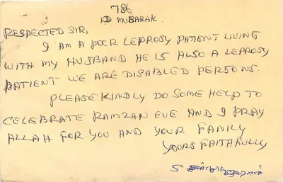 Paciente leproso em Chennai — carta postal enviada de Chennai para Allahabad, Índia — Verso