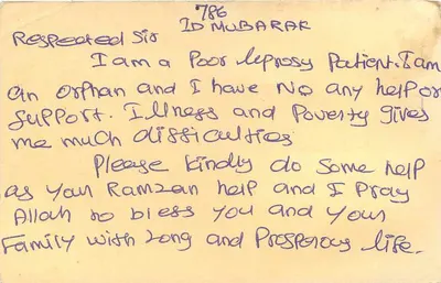 Paciente leproso em Chennai — carta postal enviada de Chennai para Allahabad, Índia — editor não visível — Verso