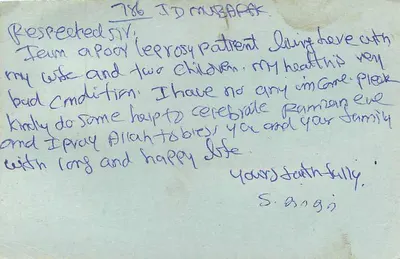 Paciente de lepra — Pulipalpattu, Índia — carta postal — Verso
