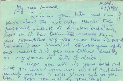 Carta postal de Dharu Chopal para Allahabad — texto manuscrito — editor não visível — Verso