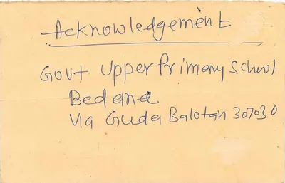 Acknowledgement — Gout. Upper Primary School, Bedene, Via Guda Balotgan 307030 — LIC Agent Baboosingh D. Rajpurohit, Mumbai — Verso