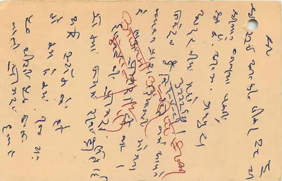 Carta postal indiana — texto em escrita devanagari — selo de tigre e carimbo postal — Verso
