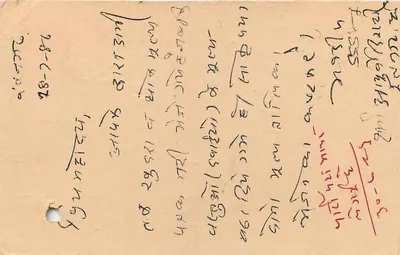 Carte postale indienne — texte en écriture devanagari et anglais — timbre tigre et cachet postal — Verso