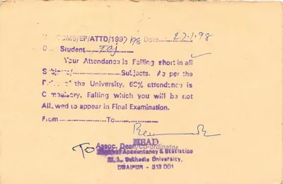 Carta postal indiana — aviso de ausência universitária — editor não visível — Verso