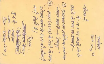 Carta postal indiana — selo tigre 15 p. — destinatário em Ankashanagar, Satpura — Verso