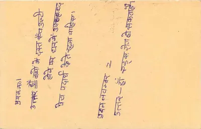 Carta postal indiana — texto em escrita devanagari — selo tigre e carimbo postal — Verso