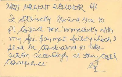 Carte postale urgente — demande de paiement — éditeur non visible — Verso