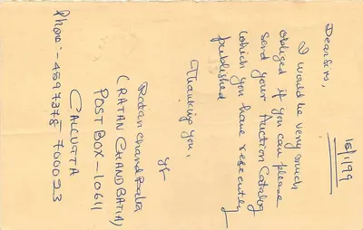 Carta postal indiana — selo e carimbo de Kidderpore — destinada a Mital Stamp Co. em Jaipur — Verso
