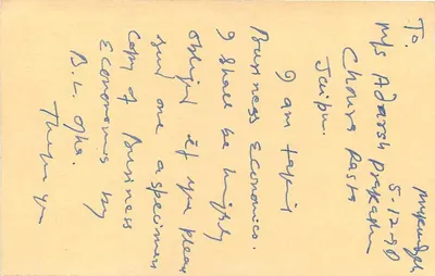 Carta postal indiana — S.S. College, Mukundgarh (Rajasthan) — editor não visível — Verso