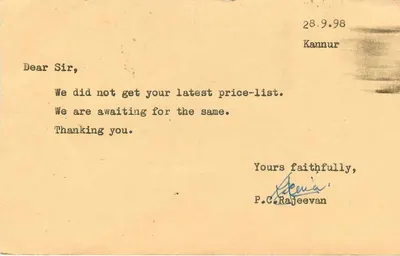 Kannur - Kerala — carte postal comercial — M/s. Mittal Stamp Co. Jaipur — Verso