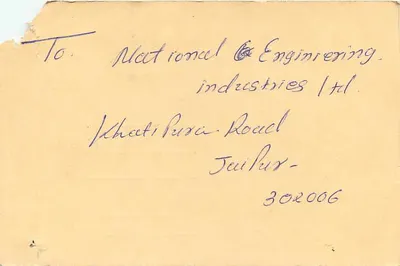 Carta postal indiana — selo de 10 roupias com motivo de tigre — destinada à National Engineering Industries Ltd, Jaipur — Verso
