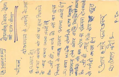 Cartolina indiana — testo manoscritto in caratteri devanagari — timbro e postmark di Jhajjar — Verso