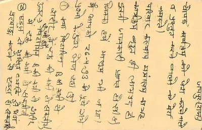 Carta postal indiana — texto em escrita devanagari — selo tigre 15 p. — editor: India Post — Verso