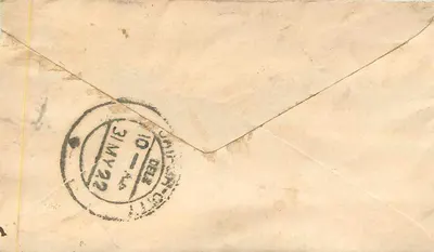 Indyjska kartka pocztowa — tekst w pismie devanagari — pieczęć pocztowa i pieczęć 'HALF ANNA' — Delhi, 10-4-1922 — Rewers