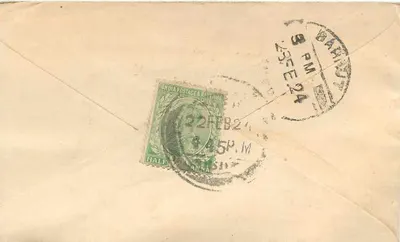 바라우트에서 발송된 우표 — 만갈찬드 자가마스 — 1924년 2월 22일 — S.O.S.R. — 뒷면