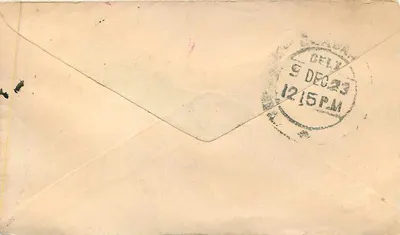 Indyjska karta pocztowa — tekst w pismie devanagari — znaczek i pieczątka 'HALF ANNA' — Delhi, 9 grudnia 1923 — Rewers