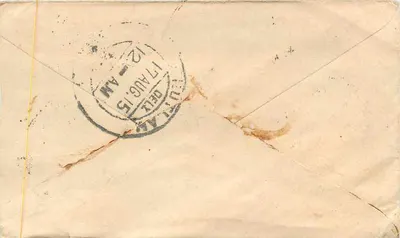 Kartka pocztowa wysłana z Halfand (Indie) — 14 sierpnia 1915 — znak i znak pocztowy z Delhi — Rewers