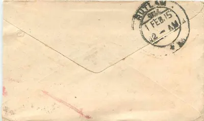 Rutland (Malica) — List datowany 30 stycznia 1915 — Pocztowy znak indyjski — Rewers