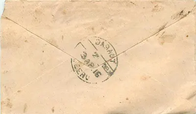 Baraut — list z ok. 1916 — poczta indyjska — Rewers