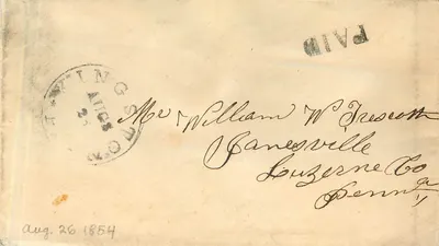 Carta postal por volta de 1854 — Washington, D.C. — destinada a William W. Prescott em Canonsville, Luzerne Co, Pensilvânia