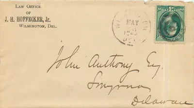 Escritório de J. H. Hoffecker, Jr. — Wilmington, Delaware — selo verde de 1 centavo